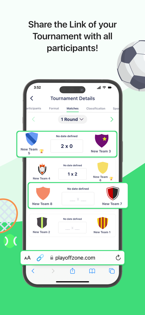 PlayoffZone: Tournament maker - A mobile screen showing tournament match results and a prompt to share the tournament link with participants.