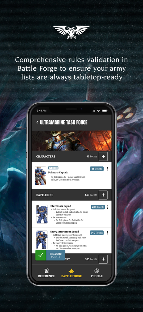The Battle Forge interface in the Warhammer 40,000 app showing a validated Ultramarine army list.