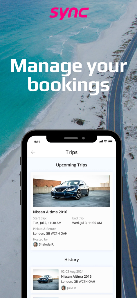Sync - car rentals marketplace - A smartphone displaying the manage bookings and trips screen for the Sync car rental app