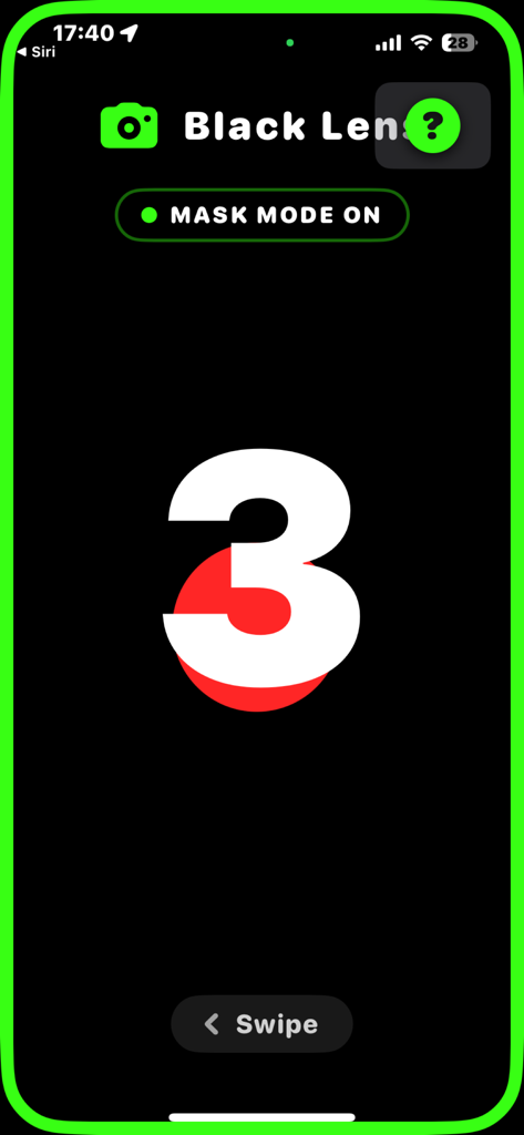 Black Lens - Black Lens app interface showing a large countdown timer during Mask Mode.