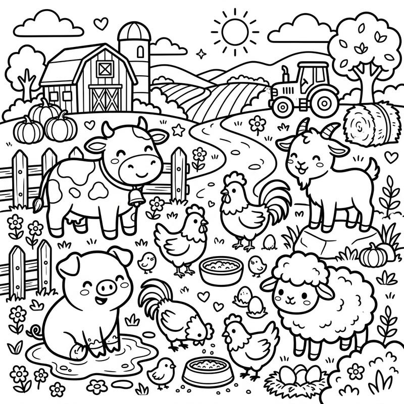 Step into a world of cuteness with this delightful Kawaii Farm Animals coloring page. Featuring a playful assembly of barnyard favorites, each rendered in the charming Japanese-inspired style with thick, bold outlines.