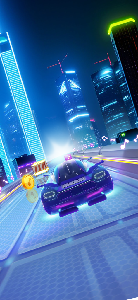 Beat Racing Car EDM - A purple neon car racing on a glowing futuristic track in a night city with skyscrapers
