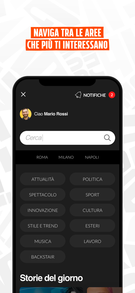 Fanpage - Fanpage news app interface showing personalized navigation with categories like politics sports and culture