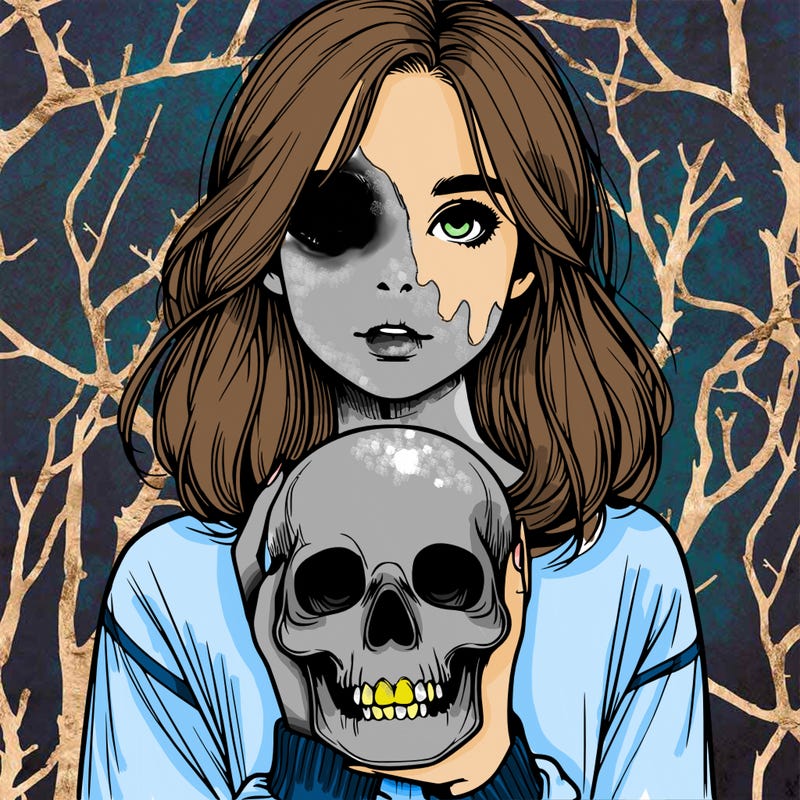 realistic girl holding a skull