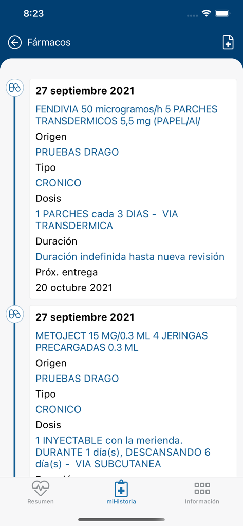 Lista de recetas en la aplicación miHistoria que muestra nombres de medicamentos, dosis y horarios