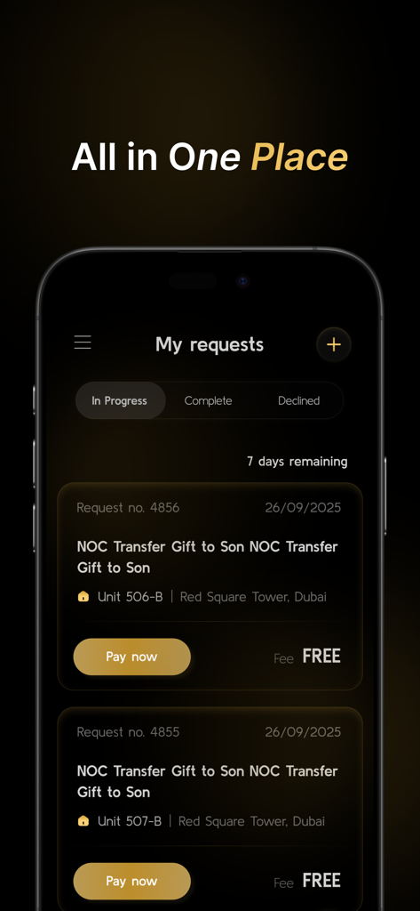 Tiger Plus app interface showing the My Requests dashboard with property service details and payment options