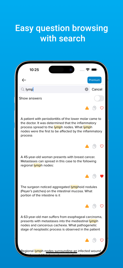 Krok: Testing - Smartphone screen showing the Krok Testing app search interface with medical exam questions filtered by the keyword lymph.