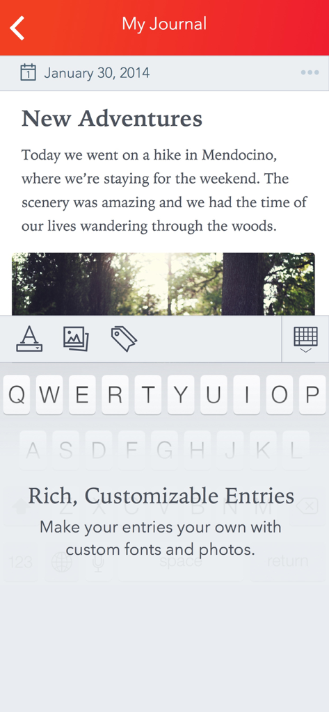 A Penzu app screen showing a journal entry titled New Adventures with a photo of a forest and text about a hike.
