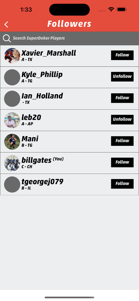 SuperDeker App - SuperDeker hockey app followers screen showing player profiles and search bar