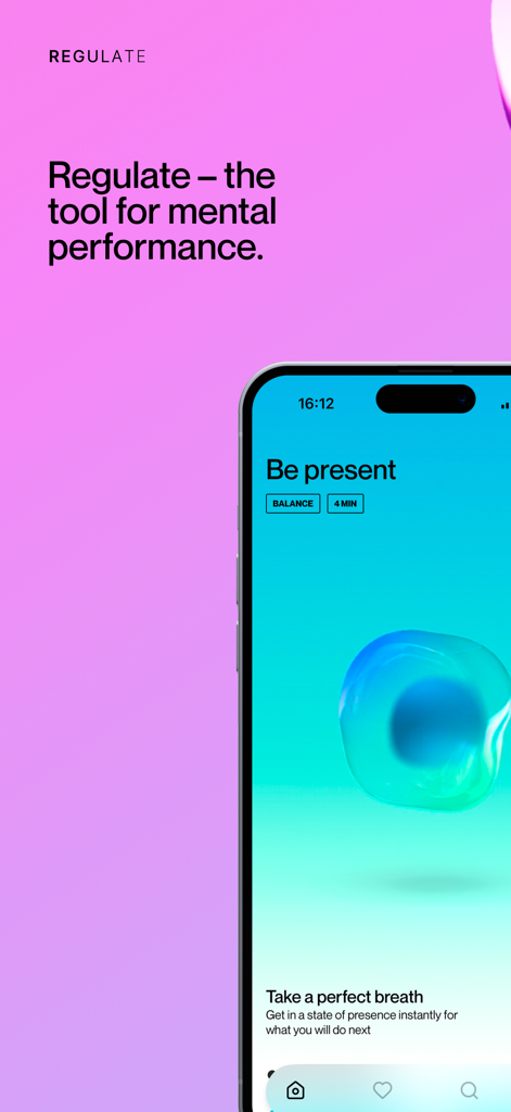 Regulate: Breathwork for Focus - A smartphone showing the Regulate app interface for a mental performance breathwork session titled Be Present.