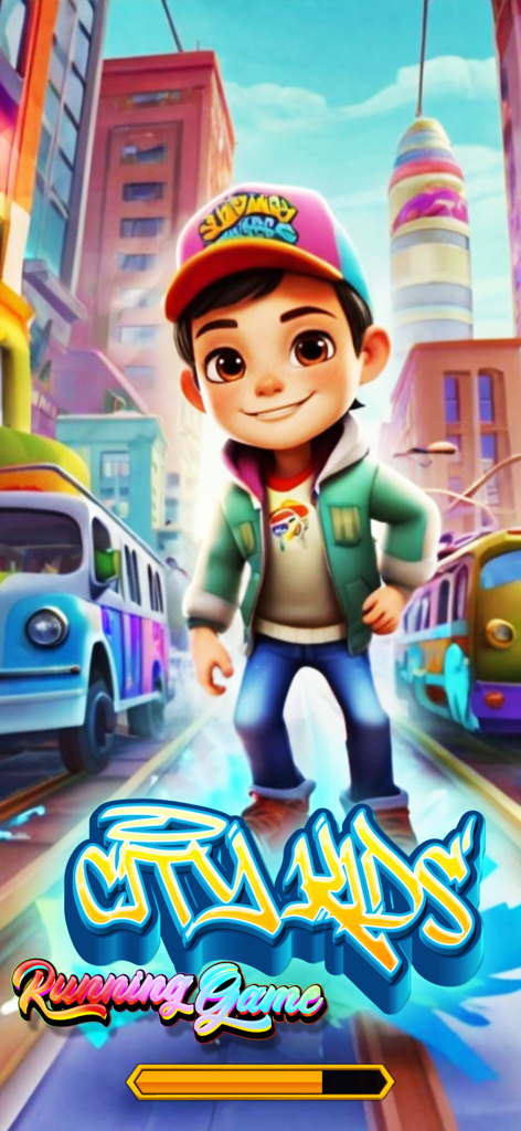 Startbildschirm von City Kids Running Game mit einem jungen männlichen Charakter in einer bunten städtischen Umgebung mit Stadtbussen.