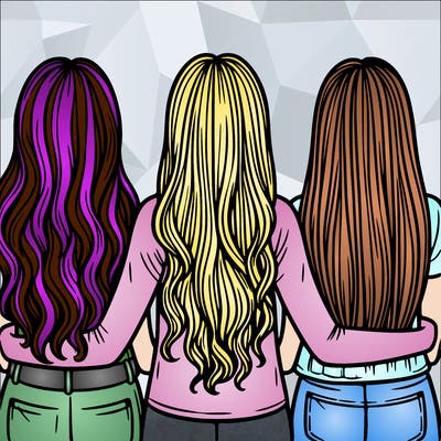 3 best friends together with long hair backs facing us
