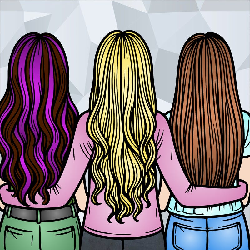 3 best friends together with long hair backs facing us