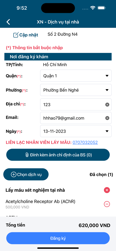 Medic Hoà Hảo - Khám bệnh - Form for booking home medical testing services on the Medic Hoa Hao mobile app
