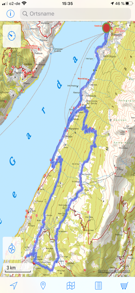 ADFC Karten - Topografische Radkarte der Region Gardasee mit einer blau hervorgehobenen Route in der ADFC Karten App.