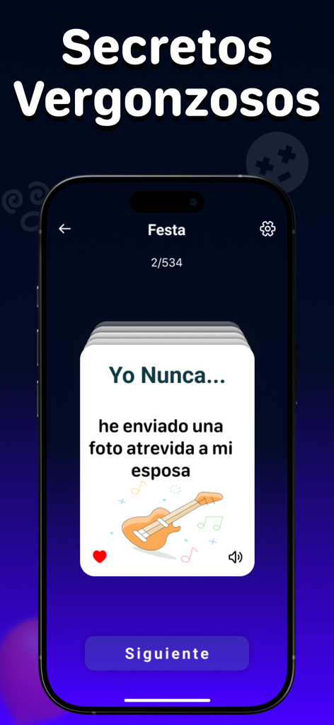 I Have Never Dirty Game - Un telefono cellulare che mostra l'interfaccia del gioco Io Non Ho Mai Sporco con una carta domanda provocatoria in spagnolo