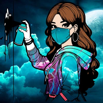 realistic girl with mask spray painting a wall