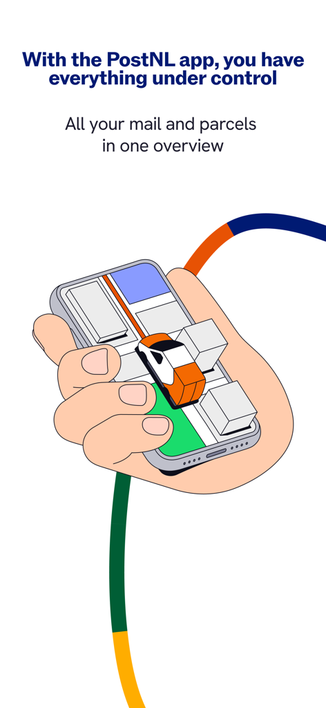 Ilustración de una mano sosteniendo un teléfono inteligente que muestra un resumen de correo y paquetes en la aplicación PostNL.