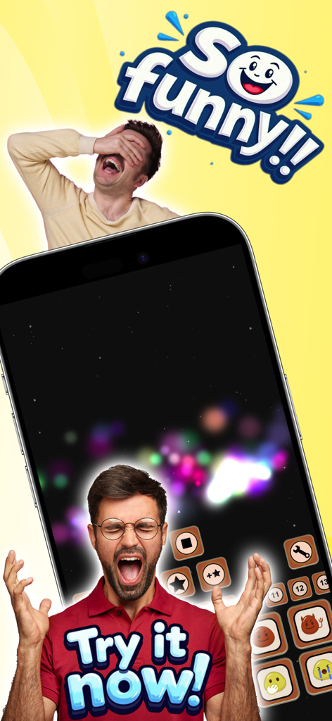 Big Bang Whip: Pocket Whip - Two men reacting humorously to the Big Bang Whip app interface with various sound effect icons