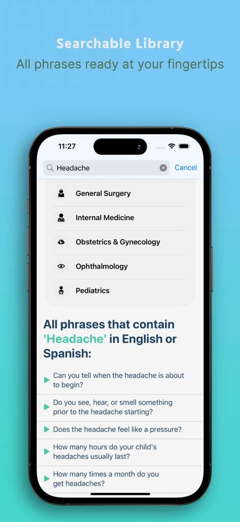 CanopySpeak Premium - Mobile screen showing the CanopySpeak searchable library with medical phrases for headache and clinical specialty categories