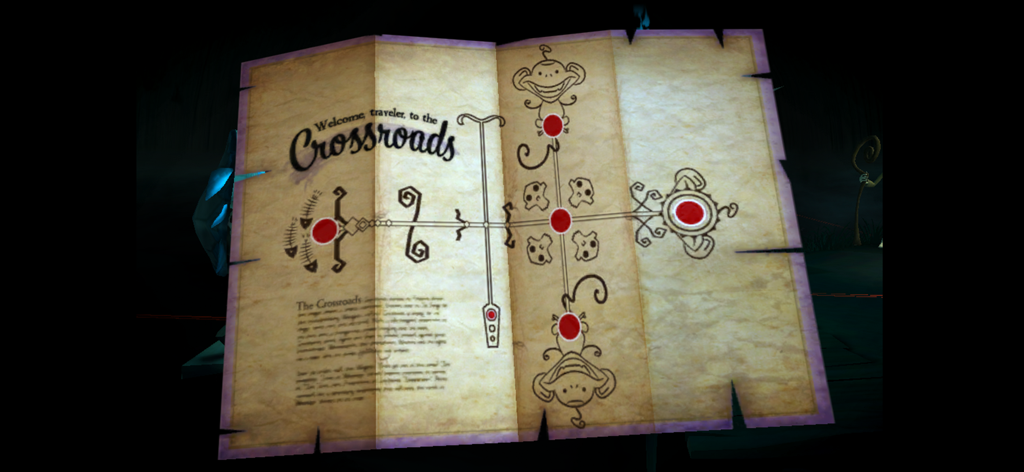 Un mapa del juego desgastado titulado Bienvenido viajero a las Encrucijadas con ilustraciones de monos y marcas de acertijos.