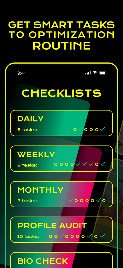 Likes for Instagram: iBooster - iBoosterアプリ画面に、日次、週次、月次のInstagram成長チェックリストが表示されています