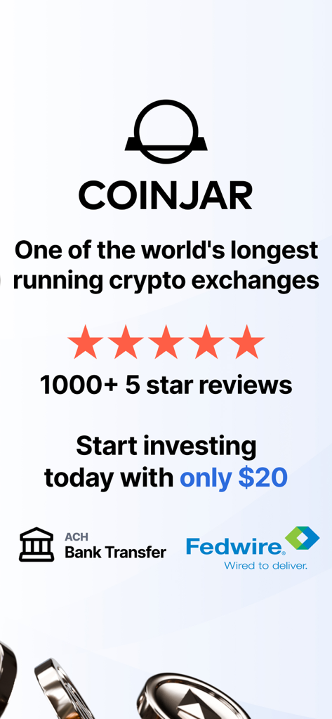 CoinJar: Buy Bitcoin & Crypto - Schermata promozionale CoinJar che evidenzia la lunga storia, le recensioni a cinque stelle e l'investimento minimo di venti dollari
