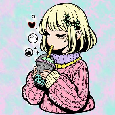manga girl drinking boba in cozy sweater