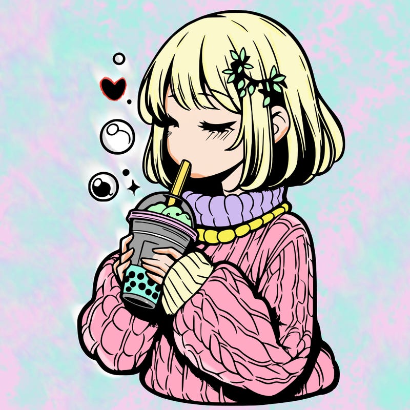 manga girl drinking boba in cozy sweater