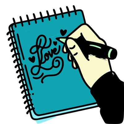 a hand writing “love” in calligraphy on a notebook