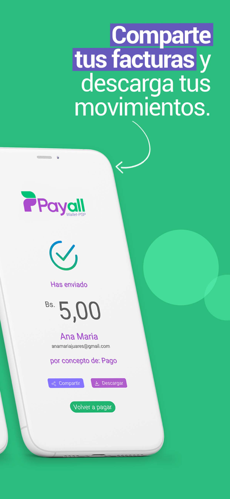 Payall - Pantalla de la aplicación Payall que muestra un recibo de confirmación de pago exitoso en bolívares venezolanos con opciones para compartir y descargar el recibo.
