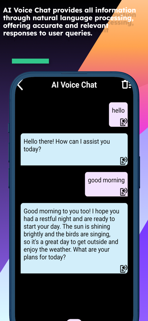 AI Voice Chat interface of the English Dhivehi Translator app showing a friendly conversation with text to speech icons.