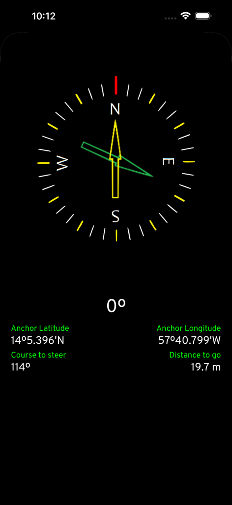Digital compass interface in the Anchor Plus app showing anchor coordinates and distance to go
