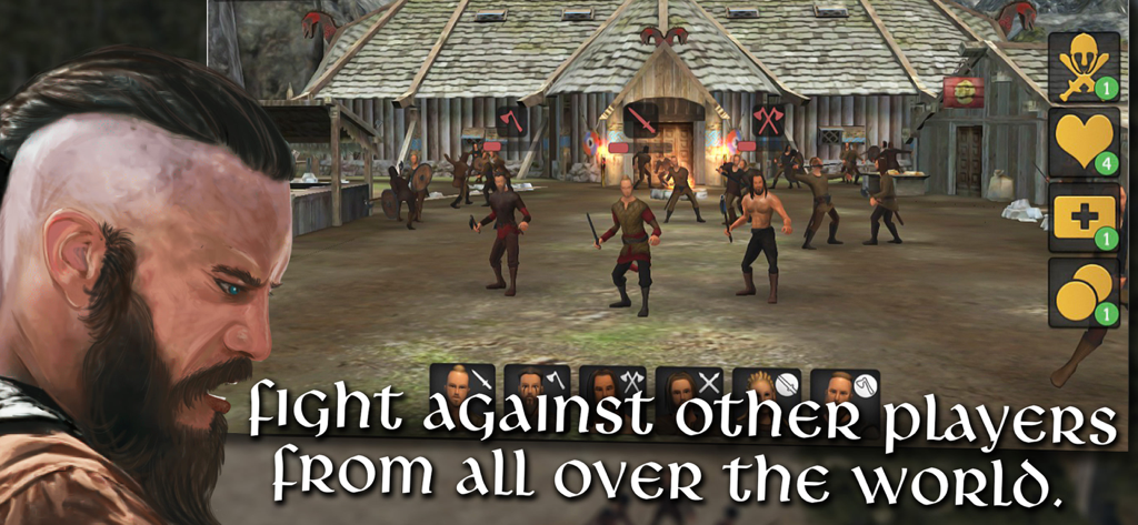 Vikings at War - Viking warriors standing in a village with text about fighting players from all over the world