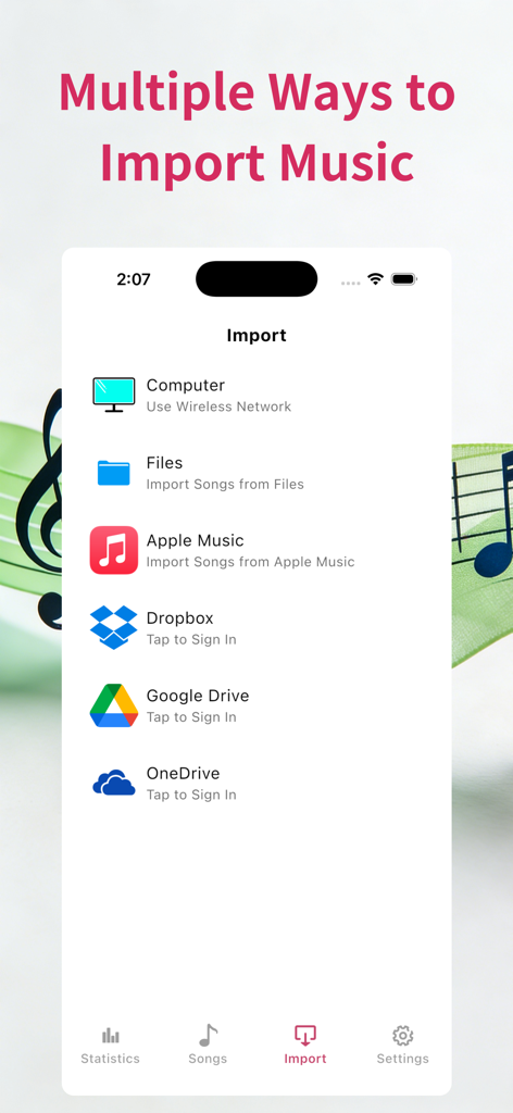 Offline Music : Offline Player - Interfaz que muestra múltiples formas de importar música desde archivos de computadora y servicios en la nube como Dropbox y Google Drive