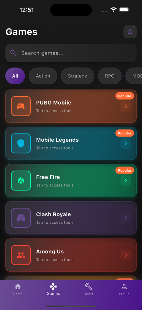 senXit Micro - Interfaz de la aplicación senXit Micro mostrando una lista de juegos móviles populares, incluidos PUBG Mobile y Free Fire.