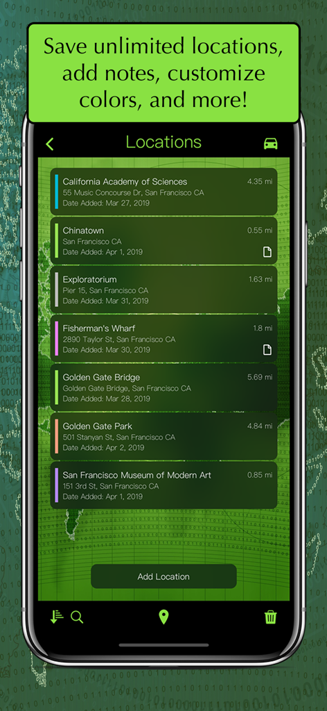 MapIt - Map Multiple Locations - List view of multiple saved locations in the MapIt app with custom color coding