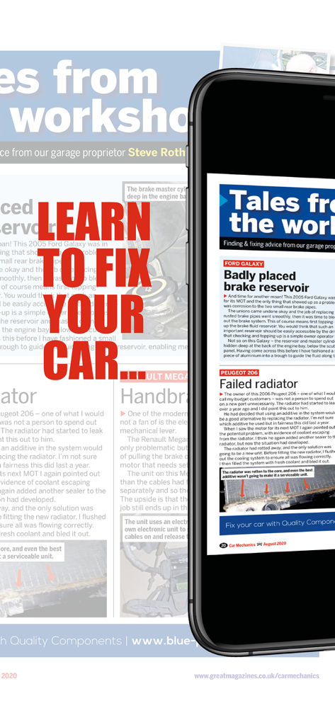 Car Mechanics Magazine app displaying automotive repair guides on a smartphone