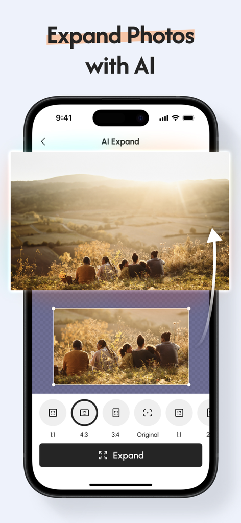 Genie - Phone Storage Cleaner - モバイルアプリのインターフェース。写真の背景を拡大・完成させるAI拡張機能が表示されています。