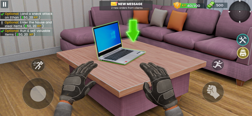 First person view of a thief stealing a laptop in the game Robbery Crime Simulator