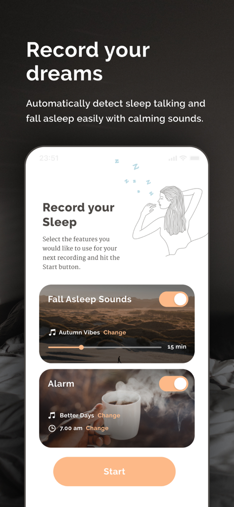 Sleepy - Sleep Talk Recorder - Sleepy app screen showing options to record sleep with fall asleep sounds and a custom alarm