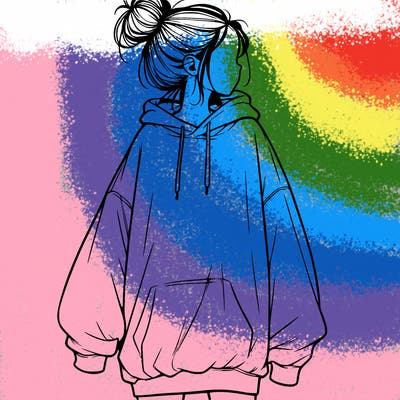 realistic girl with a oversized sweatshirt on and a bun