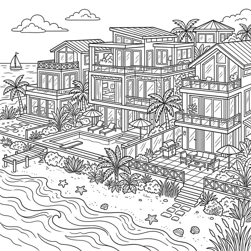 Explore a world of coastal luxury with this intricate beachfront mansions coloring page. Designed for teens, it features stunning architecture, pools, and serene ocean views, offering a sophisticated coloring challenge.