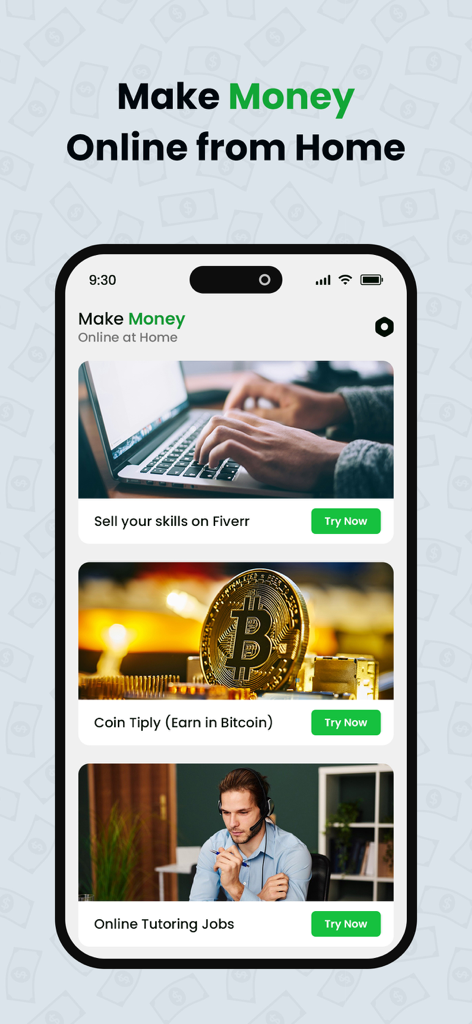 Mobile App-Oberfläche, die verschiedene Nebenjob-Möglichkeiten wie Fiverr und Online-Nachhilfe zum Geldverdienen von zu Hause aus anzeigt