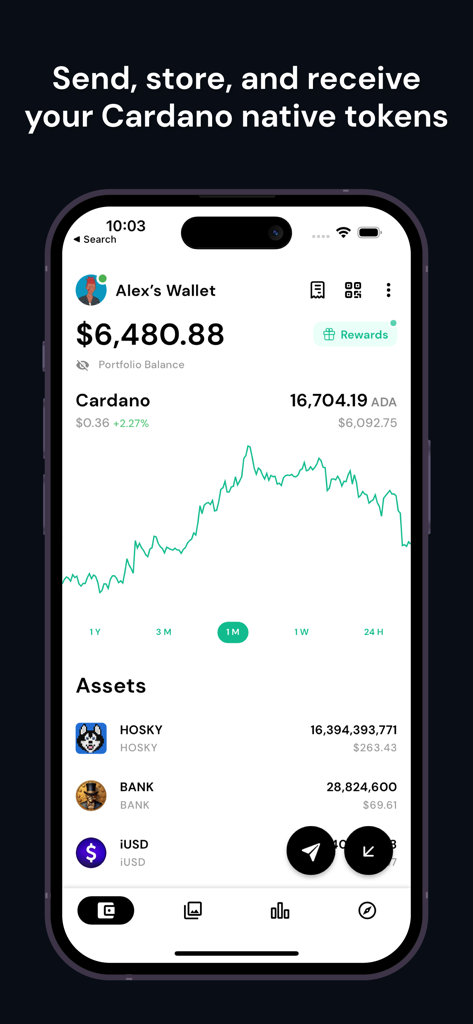 VESPR: Cardano Wallet - VESPR mobile app showing Cardano portfolio balance with a price chart and a list of native tokens including ADA, HOSKY, and BANK