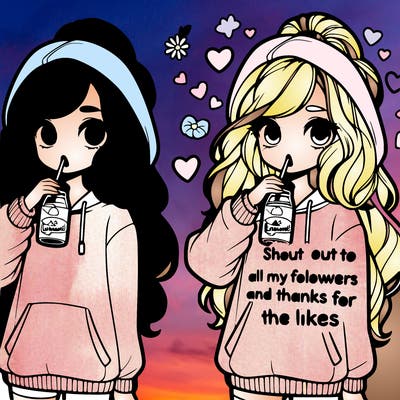 cute girl wearing a oversized hoodie drinking lemonade, long wavy high ponytail looking at a sign that says 'shout out to all my followers and thanks for the likes'