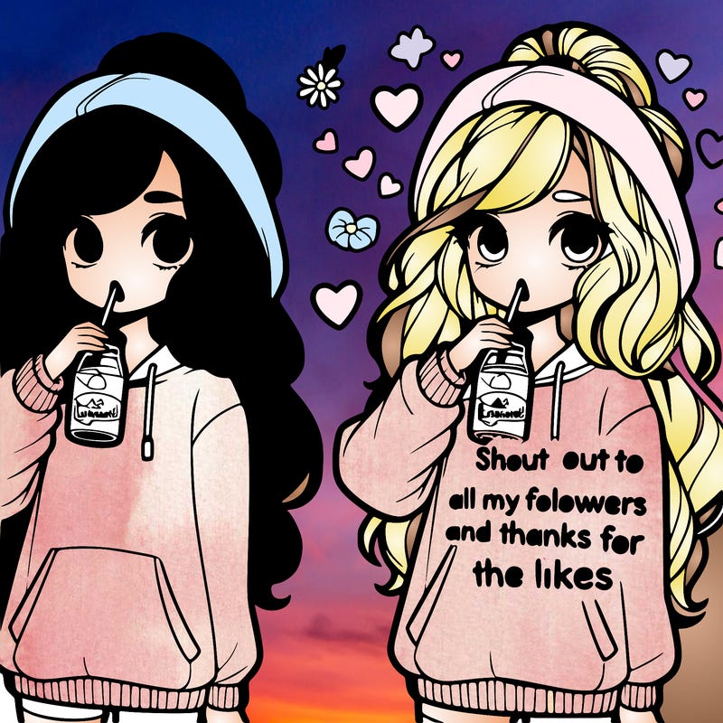 cute girl wearing a oversized hoodie drinking lemonade, long wavy high ponytail looking at a sign that says 'shout out to all my followers and thanks for the likes'