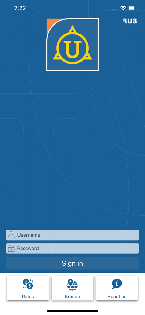 UNIMobile Banking login screen featuring username and password fields with quick access to exchange rates and branch locations