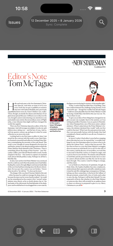 New Statesman & Archive - New Statesman 앱의 편집자 노트가 표시된 디지털 매거진 페이지