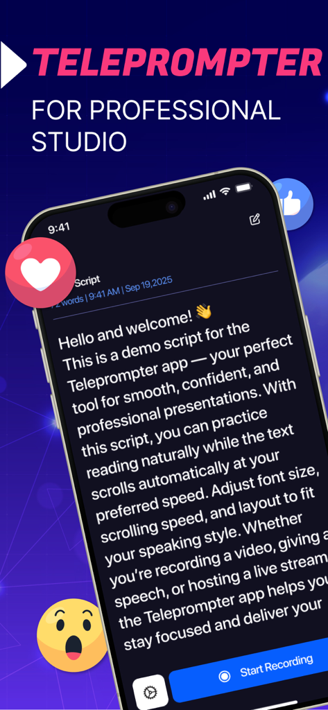 Teleprompter Camera - Un iPhone mostrando la aplicación Teleprompter Camera con un guion desplazable y un botón de inicio de grabación.